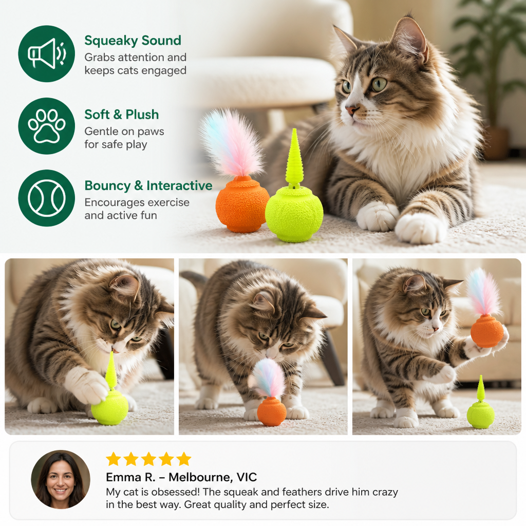 2-Pack Interactive Cat Balls – Plush Feather Tail & Squeaky Sound
