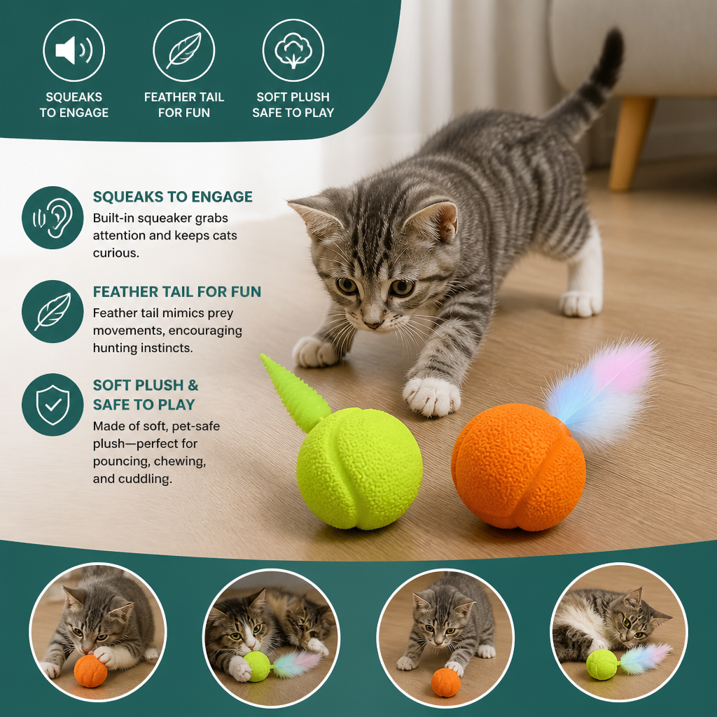 2-Pack Interactive Cat Balls – Plush Feather Tail & Squeaky Sound