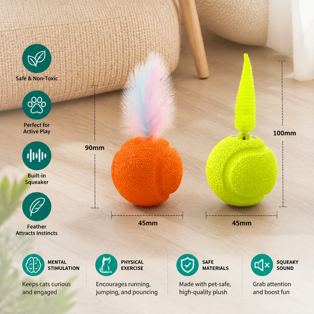 2-Pack Interactive Cat Balls – Plush Feather Tail & Squeaky Sound