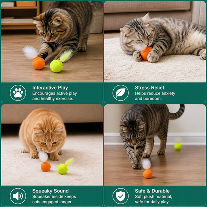 2-Pack Interactive Cat Balls – Plush Feather Tail & Squeaky Sound