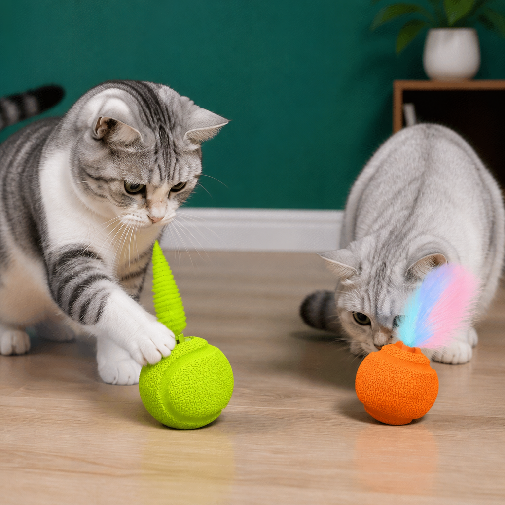 2-Pack Interactive Cat Balls – Plush Feather Tail & Squeaky Sound