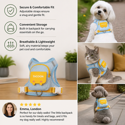 Adjustable Pet Harness with Storage Backpack for Small Dogs and Cats