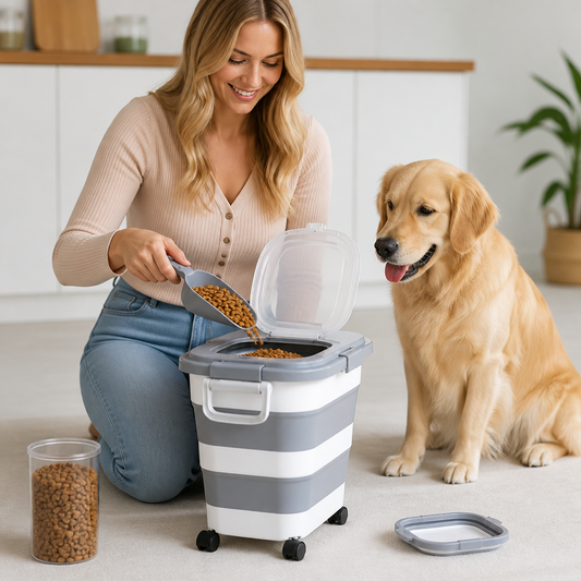 Collapsible Pet Food Storage Container with Wheels Lid and Scoop