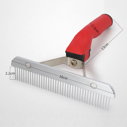 Dog Grooming Rake with Red Handle and Stainless Steel Blades