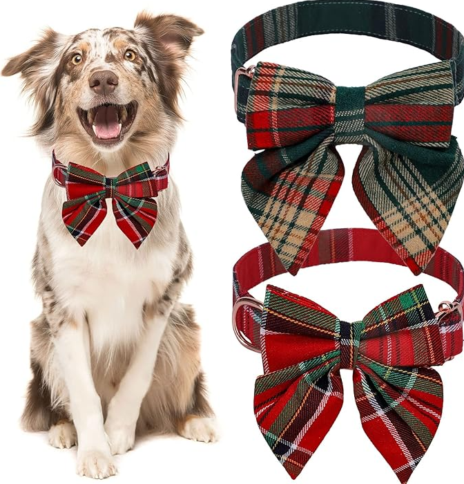 Dog Collar with Checkered Pattern and Bow for Christmas and Festive Occasions