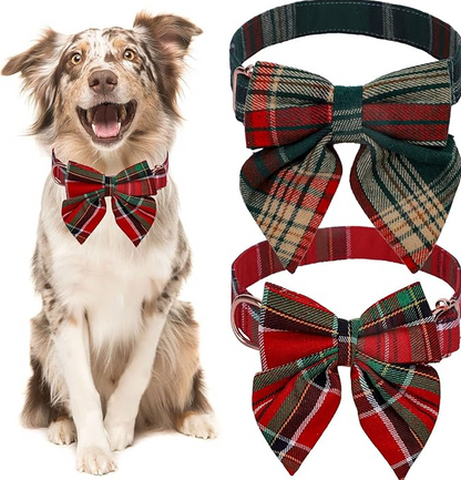Dog Collar with Checkered Pattern and Bow for Christmas and Festive Occasions