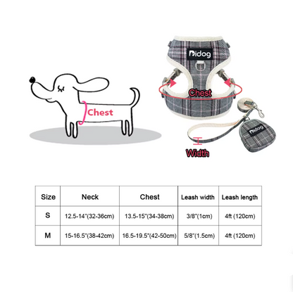 Comfortable Checkered Harness with Leash - With Practical Dog Bag for Walks