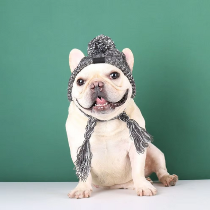 Knitted Hat for Pets with Pom-Pom and Twisted Pom-Poms in Pink