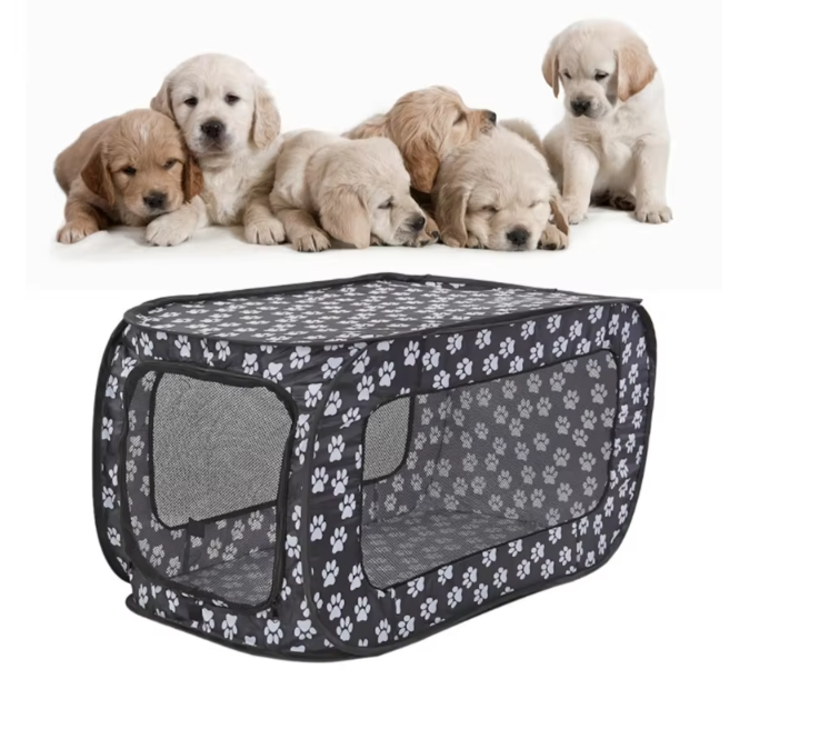 Foldable Fabric Dog Crate with Paw Print Pattern - Portable and Well-Ventilated
