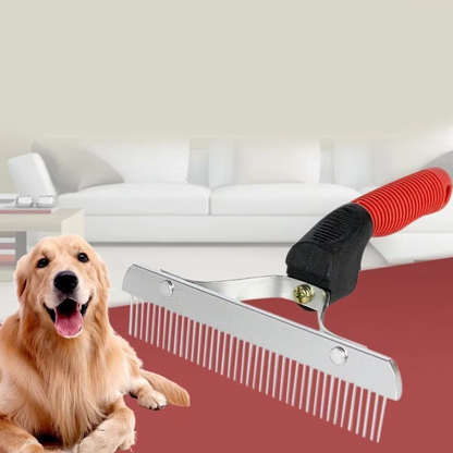 Dog Grooming Rake with Red Handle and Stainless Steel Blades
