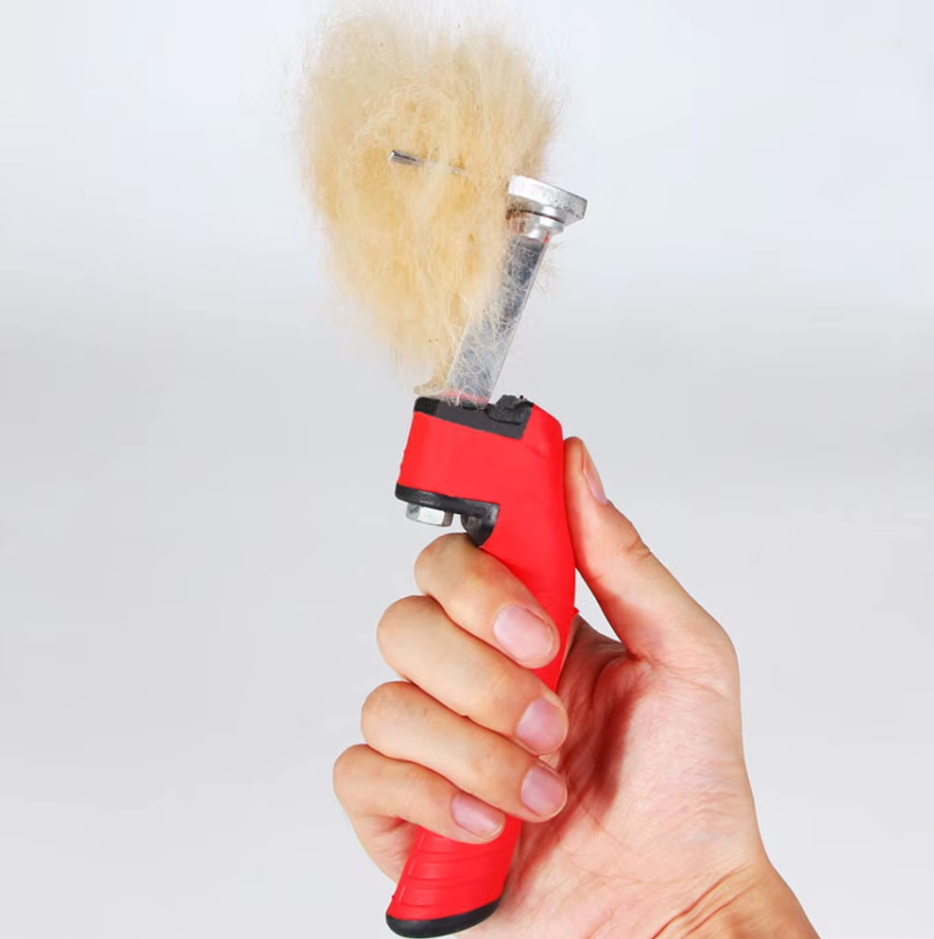 Dog Grooming Rake with Red Handle and Stainless Steel Blades
