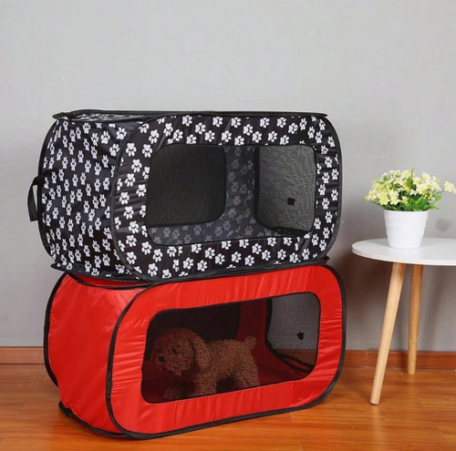 Foldable Fabric Dog Crate with Paw Print Pattern - Portable and Well-Ventilated
