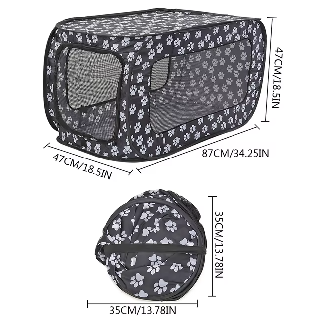 Foldable Fabric Dog Crate with Paw Print Pattern - Portable and Well-Ventilated