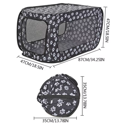 Foldable Fabric Dog Crate with Paw Print Pattern - Portable and Well-Ventilated