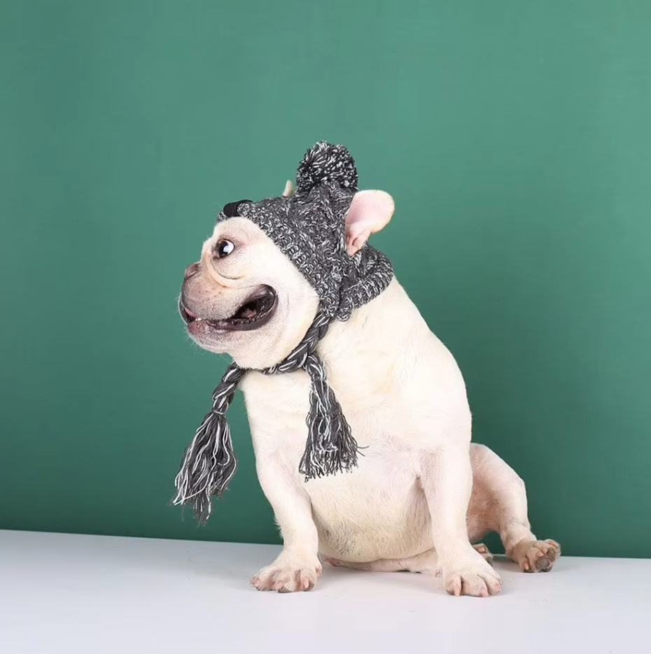 Knitted Hat for Pets with Pom-Pom and Twisted Pom-Poms in Pink