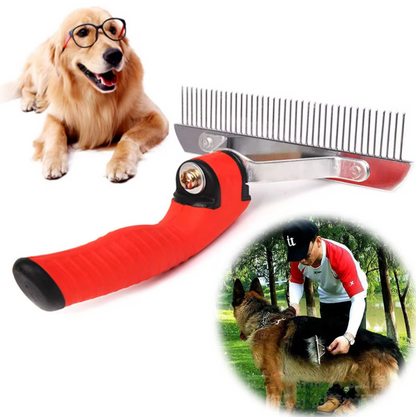 Dog Grooming Rake with Red Handle and Stainless Steel Blades