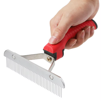 Dog Grooming Rake with Red Handle and Stainless Steel Blades