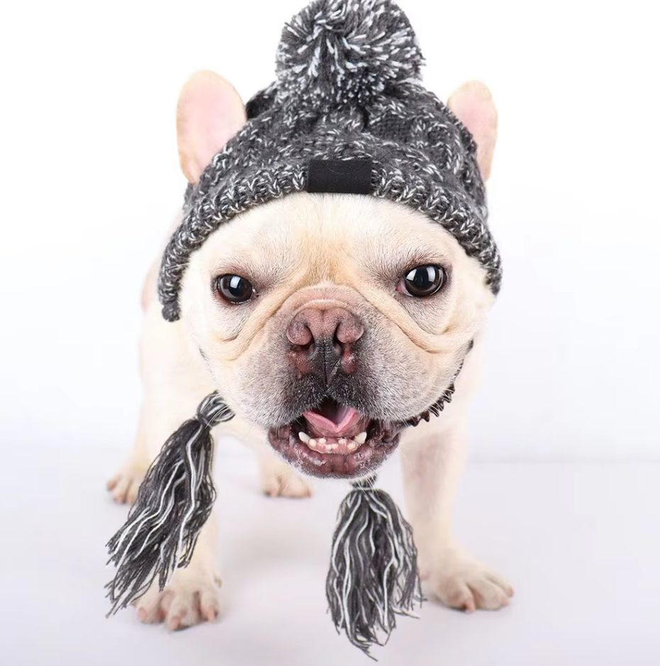 Knitted Hat for Pets with Pom-Pom and Twisted Pom-Poms in Pink