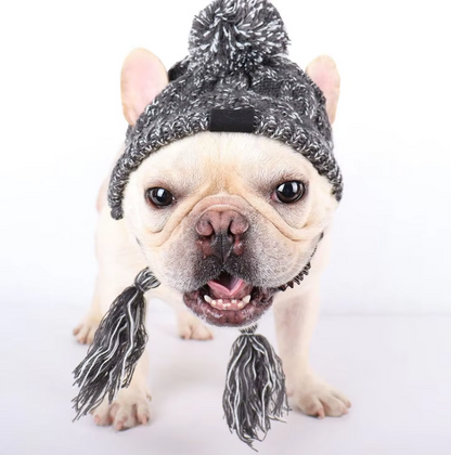 Knitted Hat for Pets with Pom-Pom and Twisted Pom-Poms in Pink