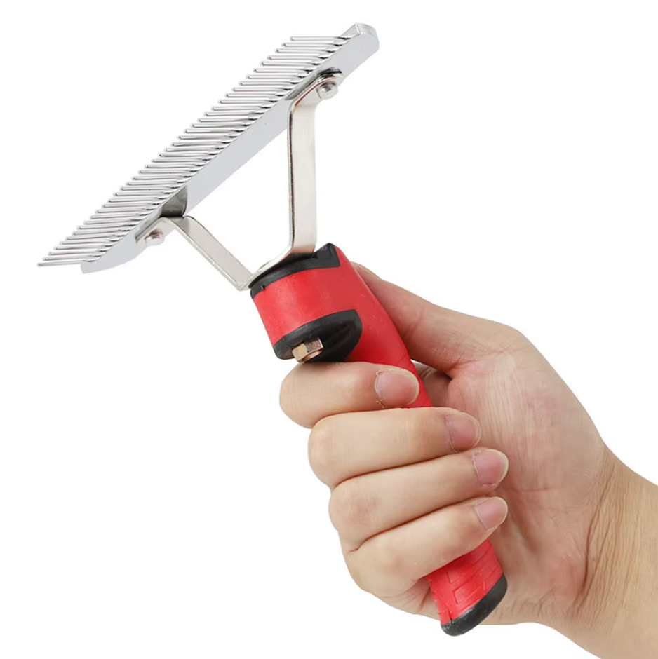 Dog Grooming Rake with Red Handle and Stainless Steel Blades