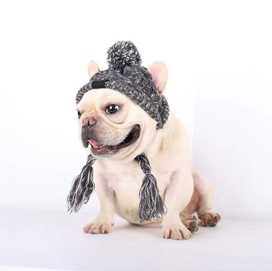 Knitted Hat for Pets with Pom-Pom and Twisted Pom-Poms in Pink