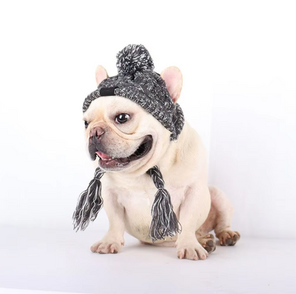 Knitted Hat for Pets with Pom-Pom and Twisted Pom-Poms in Pink