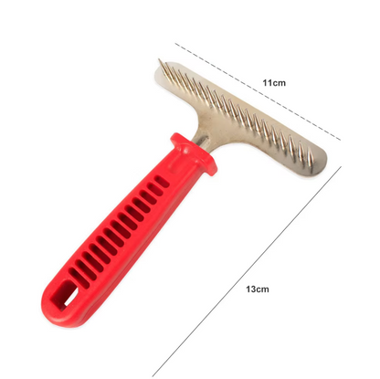 Dog Grooming Rake with Red Handle and Stainless Steel Blades