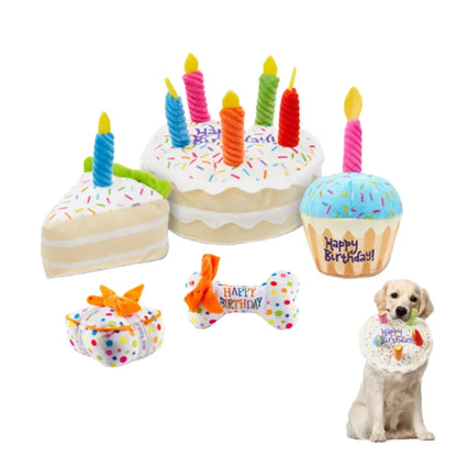 Birthday Dog Toys Set – Plush Cake, Cupcake & Bone with Squeaky Function
