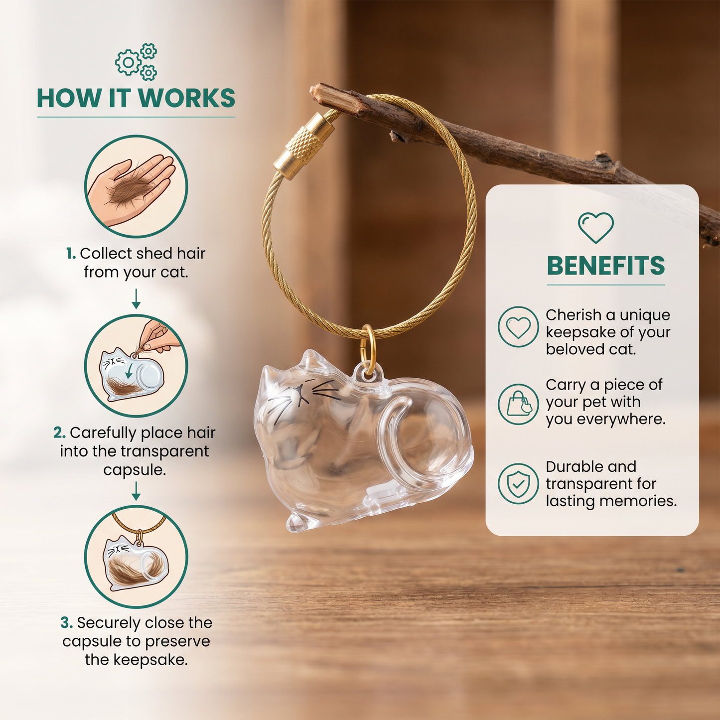 Cute Transparent Cat Hair Capsule Keychain & Keepsake
