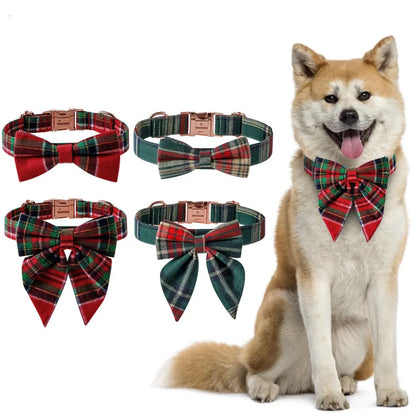 Dog Collar with Checkered Pattern and Bow for Christmas and Festive Occasions