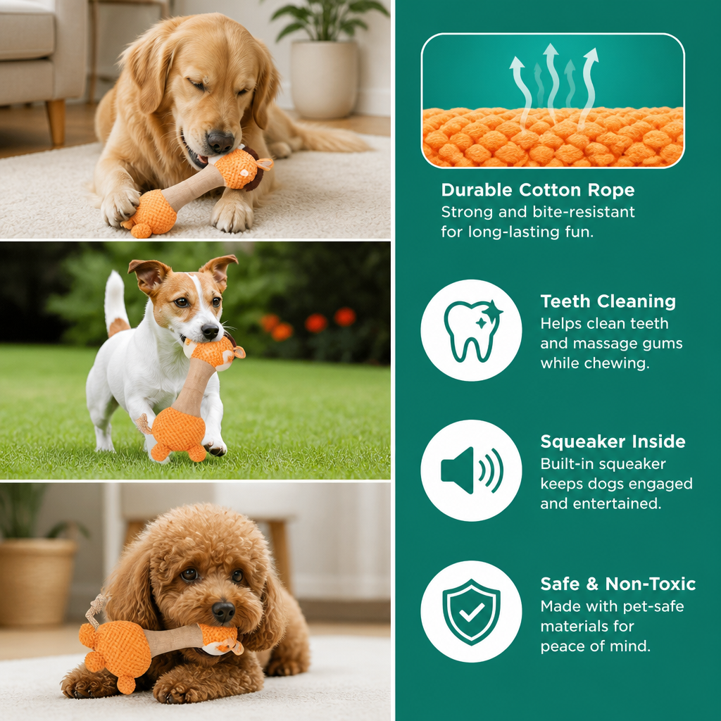 Durable Cotton Rope Teeth Cleaning Plush Dog Toy with Squeaker