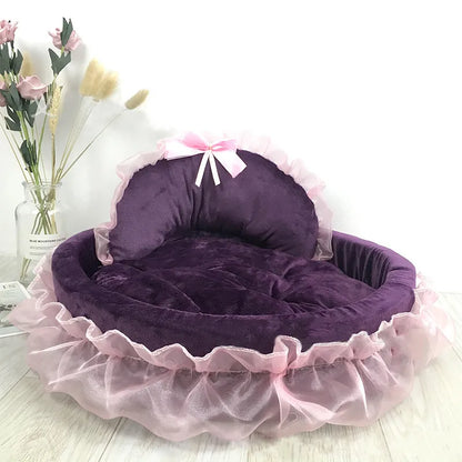 Cat Bed with Tulle Ruffle and Bow for Stylish Rest