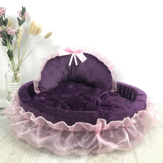 Cat Bed with Tulle Ruffle and Bow for Stylish Rest
