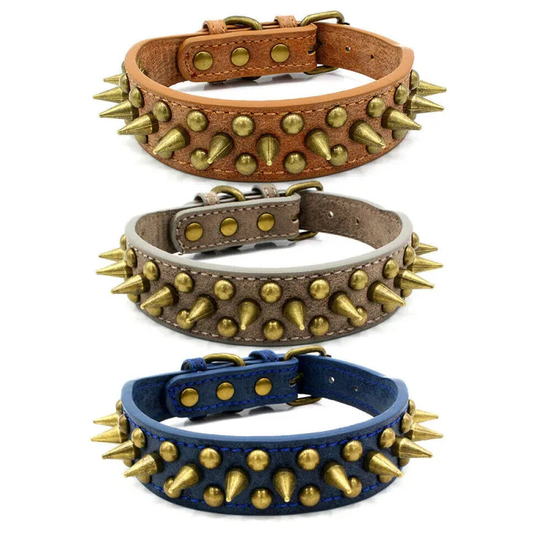 Leather Dog Collar with Rivets and Spikes in 3 Colours