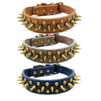 Leather Dog Collar with Rivets and Spikes in 3 Colours