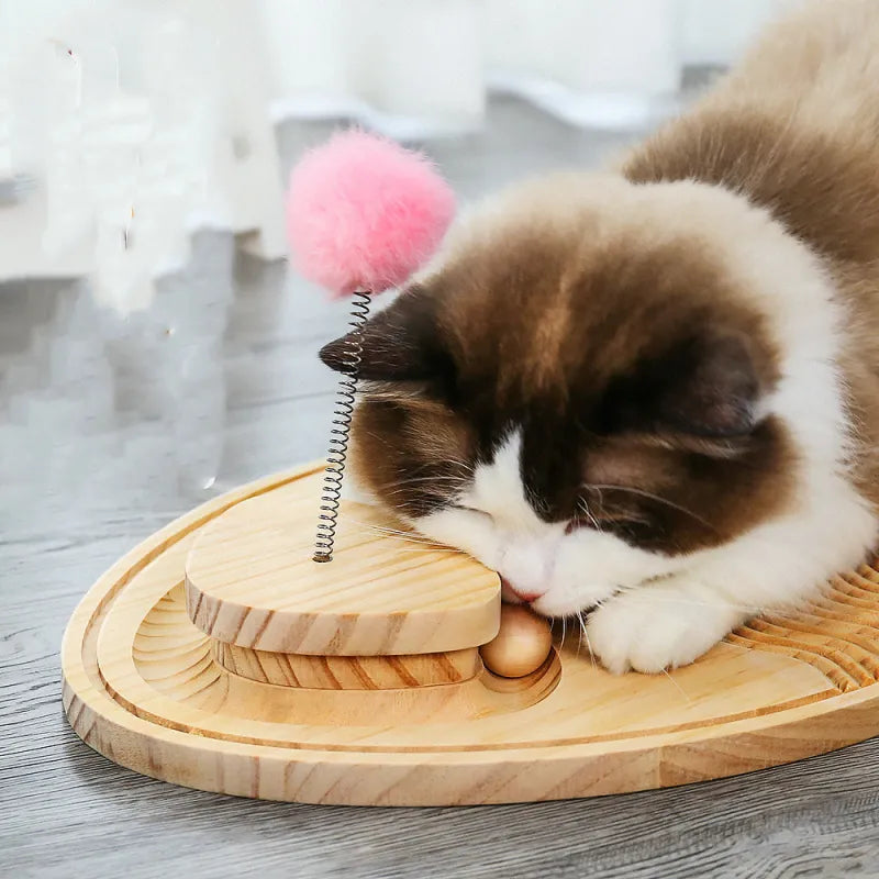 Wooden Cat Toy Scratching Post - Interactive Play Mat with Feather and Ball