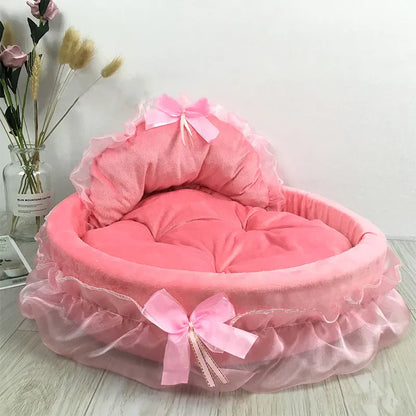 Cat Bed with Tulle Ruffle and Bow for Stylish Rest