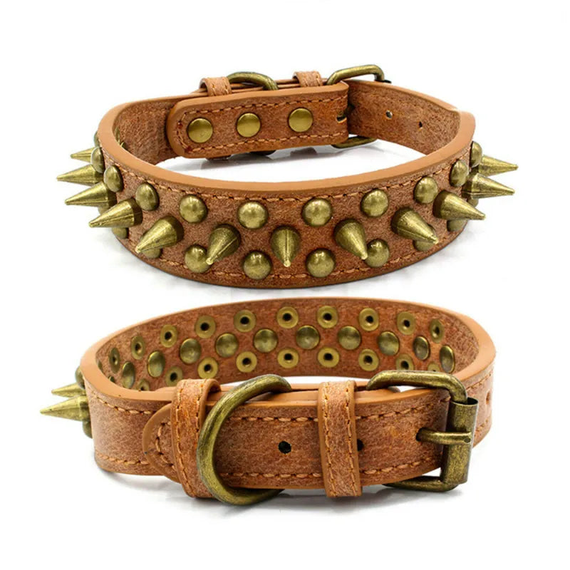 Leather Dog Collar with Rivets and Spikes in 3 Colours