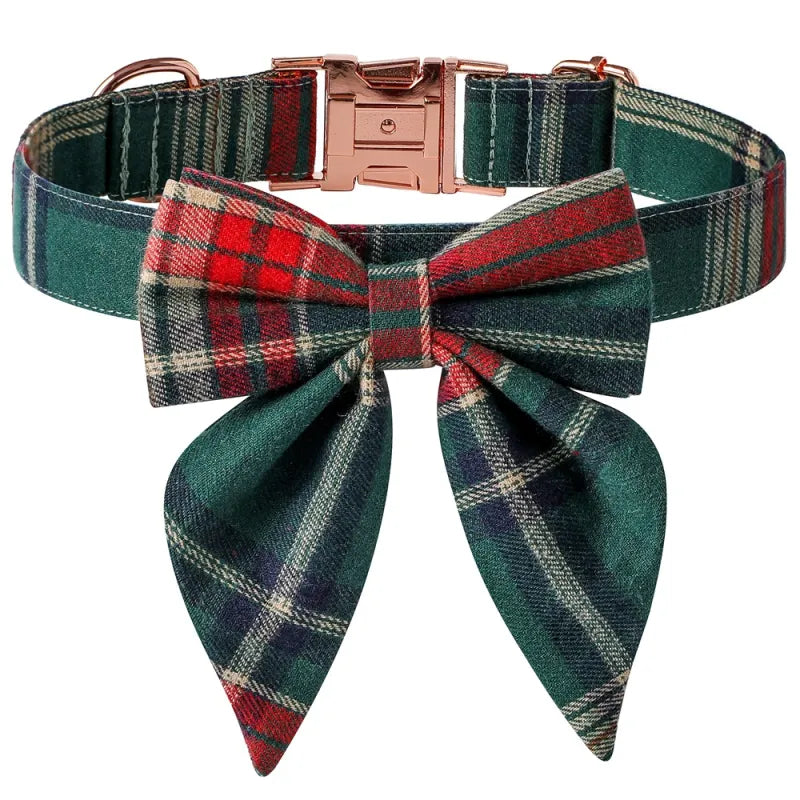 Dog Collar with Checkered Pattern and Bow for Christmas and Festive Occasions