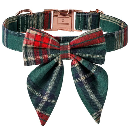 Dog Collar with Checkered Pattern and Bow for Christmas and Festive Occasions
