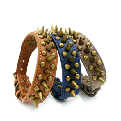 Leather Dog Collar with Rivets and Spikes in 3 Colours