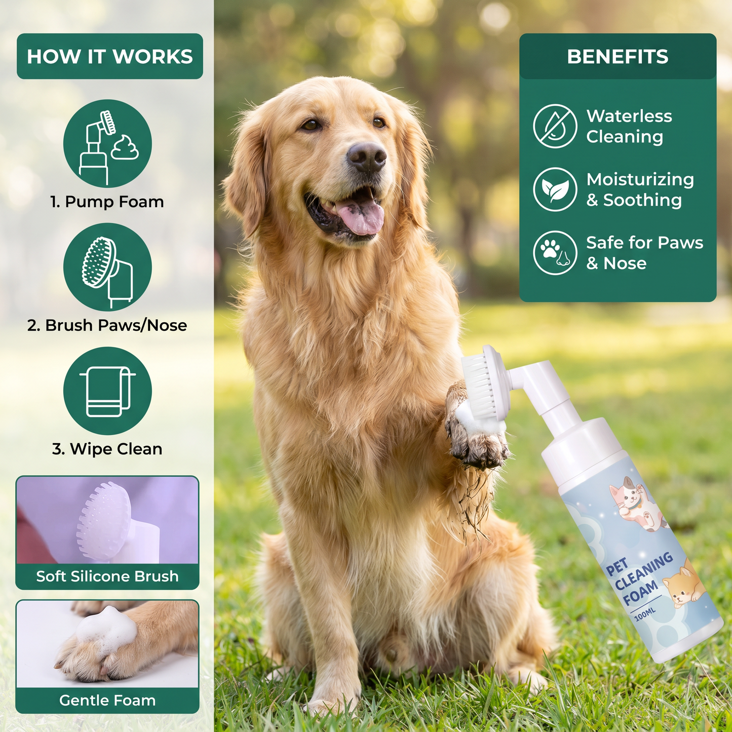 Gentle Waterless Paw Cleansing Foam with Brush for Dogs
