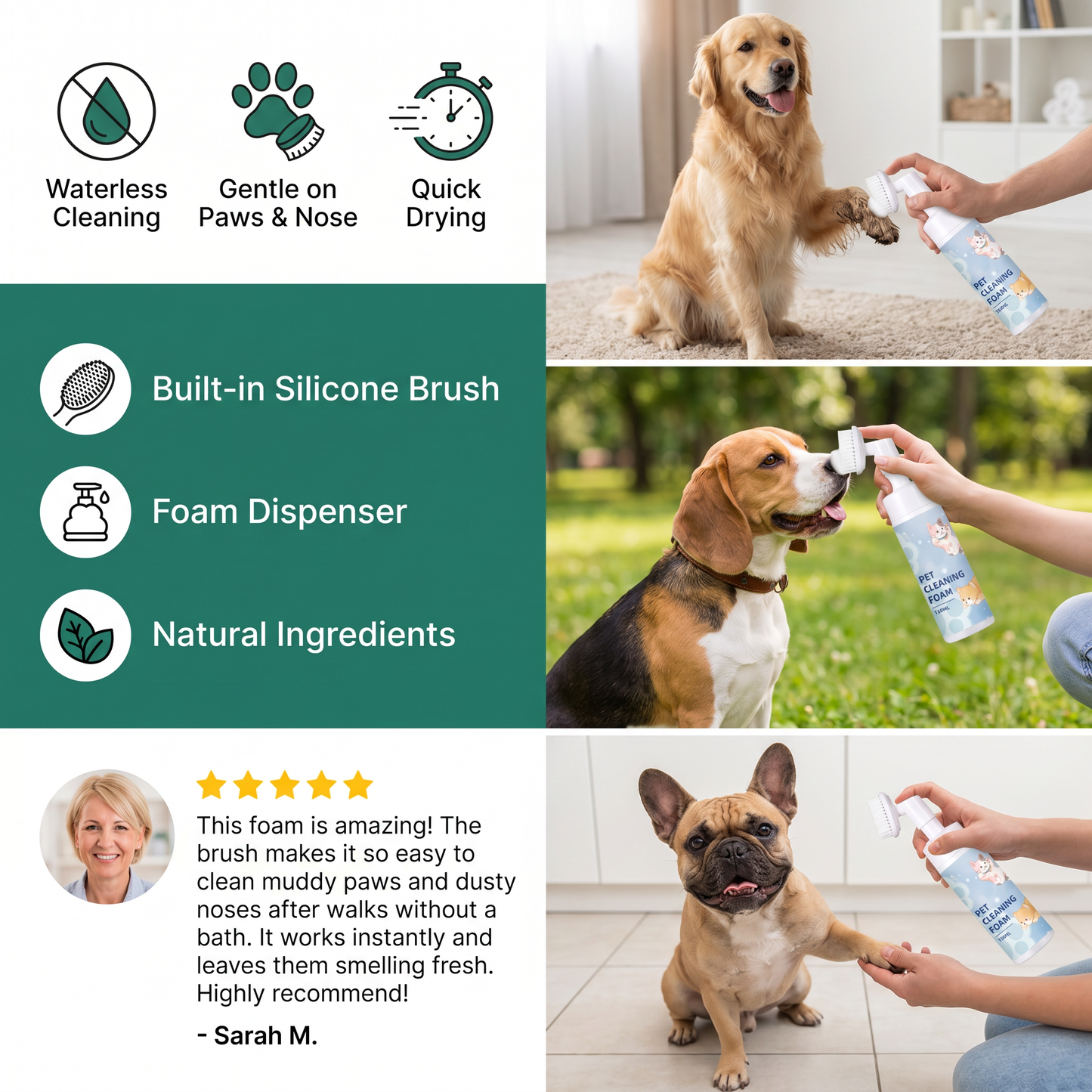 Gentle Waterless Paw Cleansing Foam with Brush for Dogs
