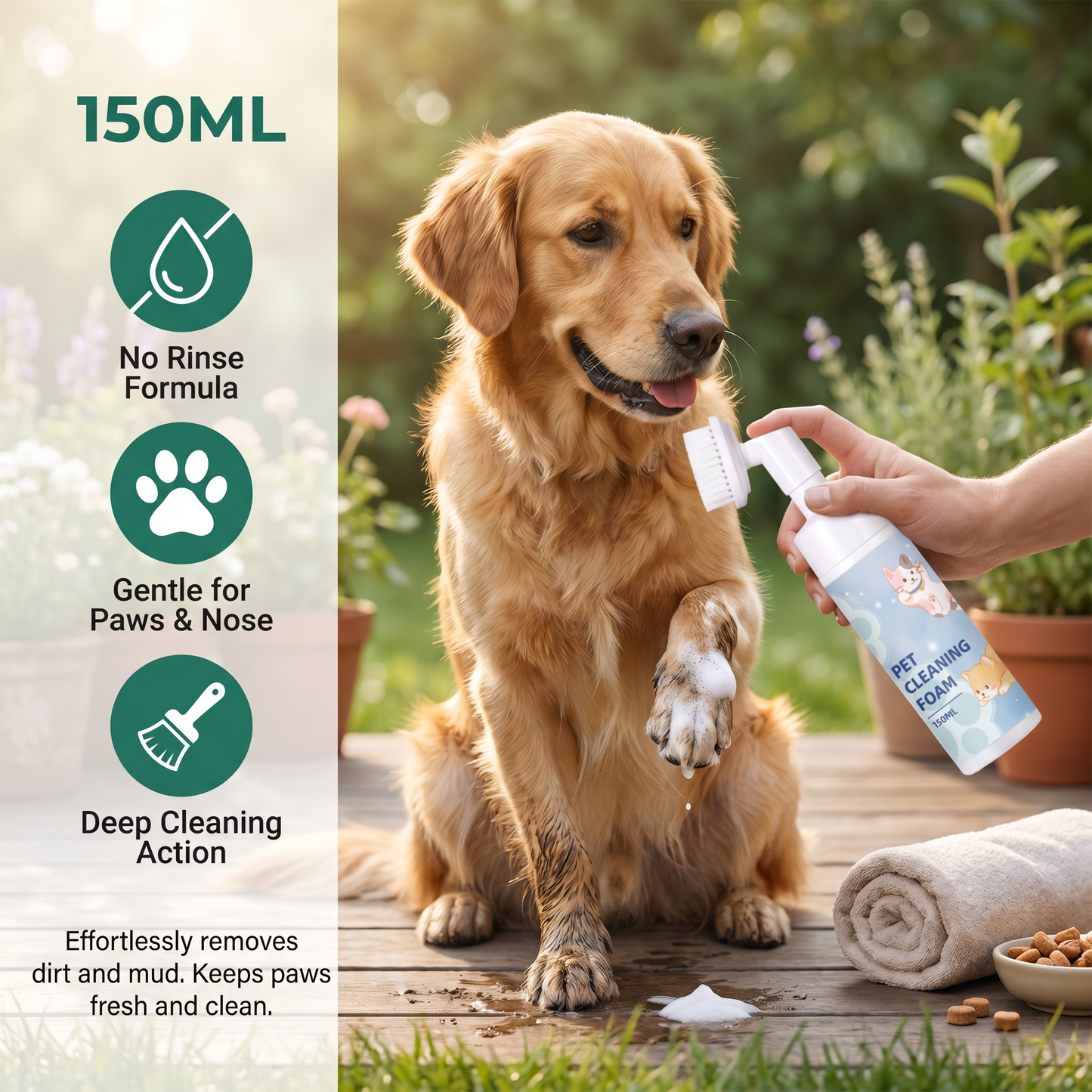 Gentle Waterless Paw Cleansing Foam with Brush for Dogs