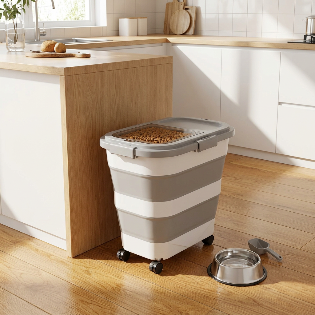 Collapsible Pet Food Storage Container with Wheels Lid and Scoop