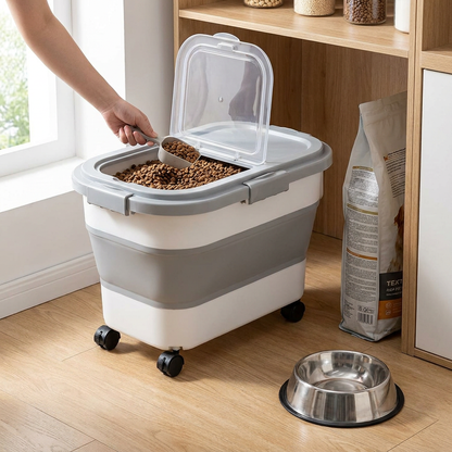 Collapsible Pet Food Storage Container with Wheels Lid and Scoop