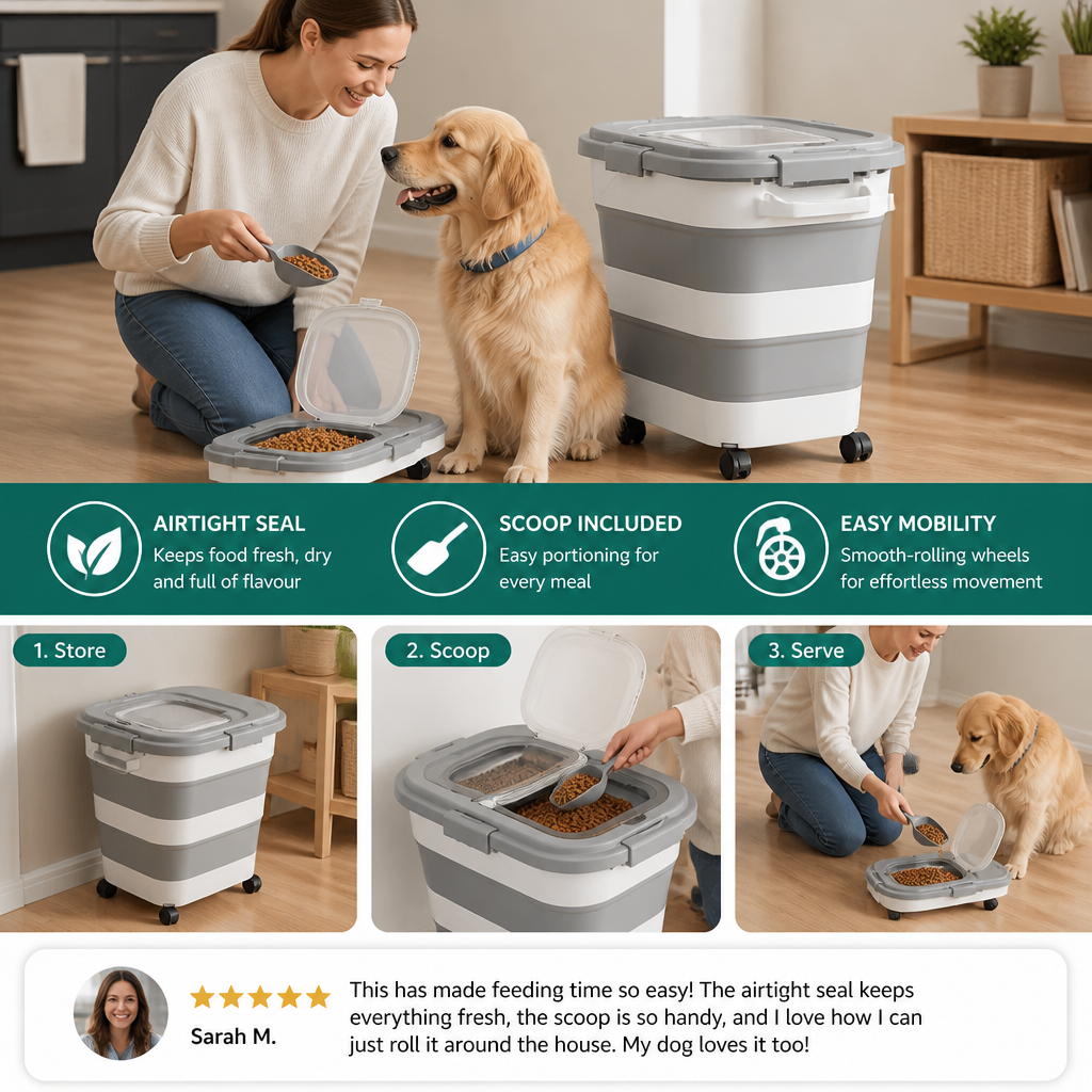 Collapsible Pet Food Storage Container with Wheels Lid and Scoop