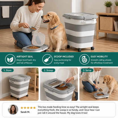 Collapsible Pet Food Storage Container with Wheels Lid and Scoop