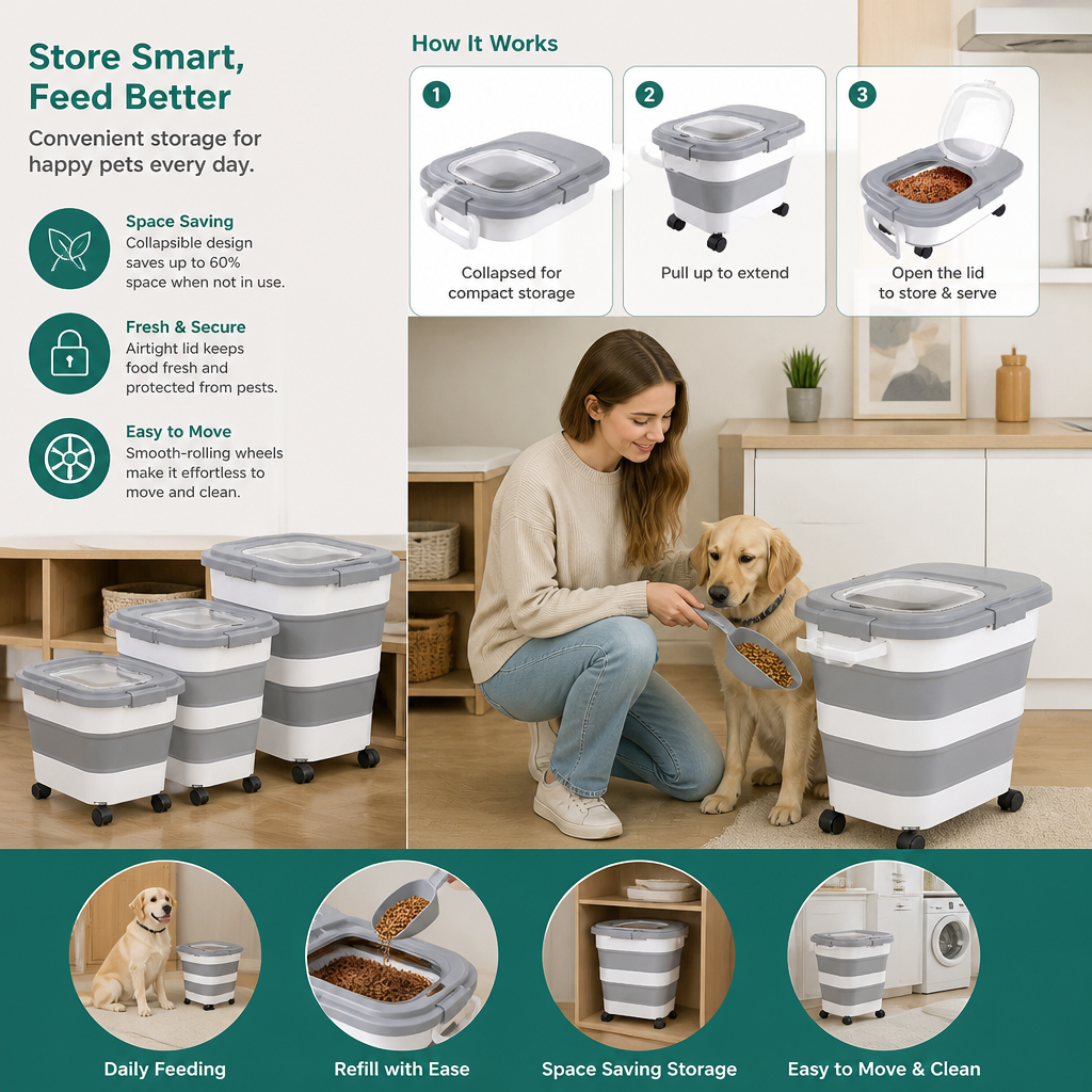 Collapsible Pet Food Storage Container with Wheels Lid and Scoop