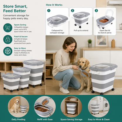 Collapsible Pet Food Storage Container with Wheels Lid and Scoop